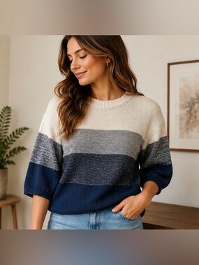 Amour Vert %100 Organic Cotton Block Crewneck Sweater 3/4 Puff sleeves